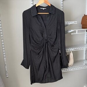 Black Ruched Long Sleeve Shirt Dress